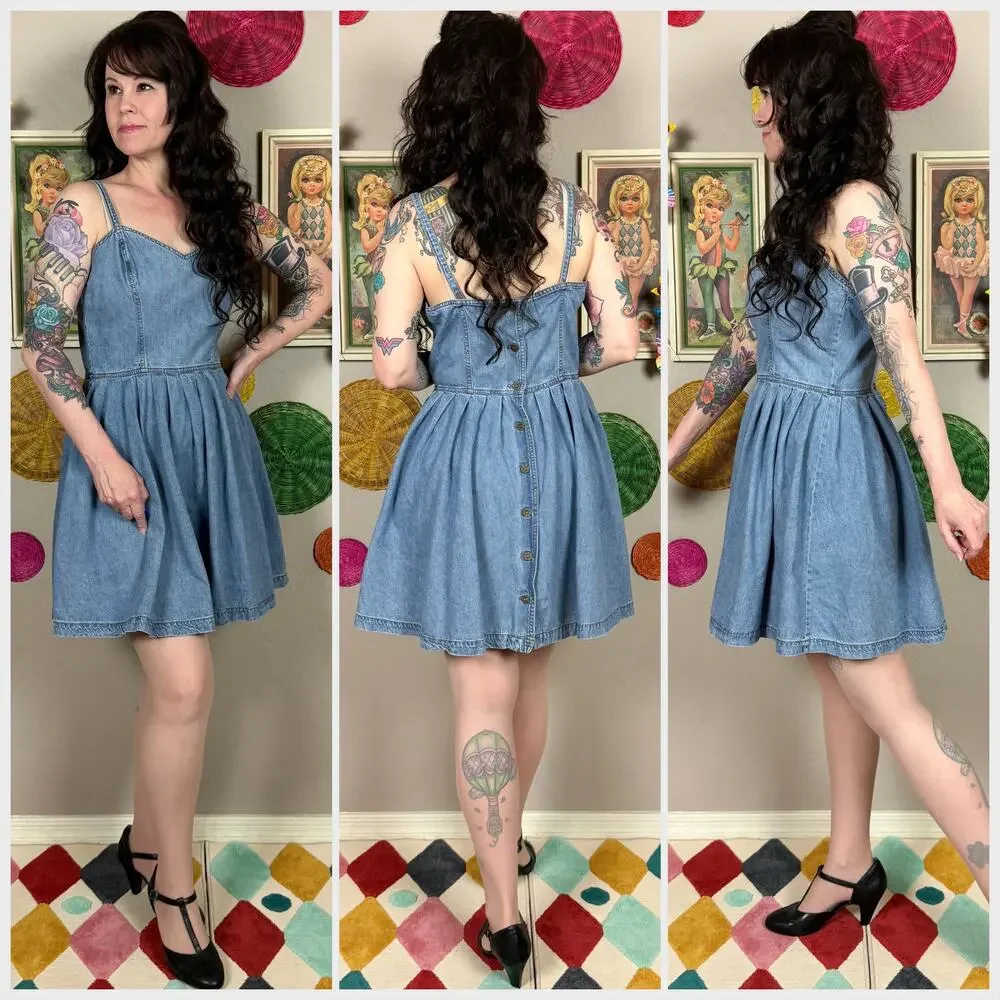 Vintage 1990s Denim Sweetheart Button Back Mini Skater Dress - Picture 3 of 7